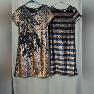 Two GAP kids XXL glitter sparkle sequined rose gold and navy dresses